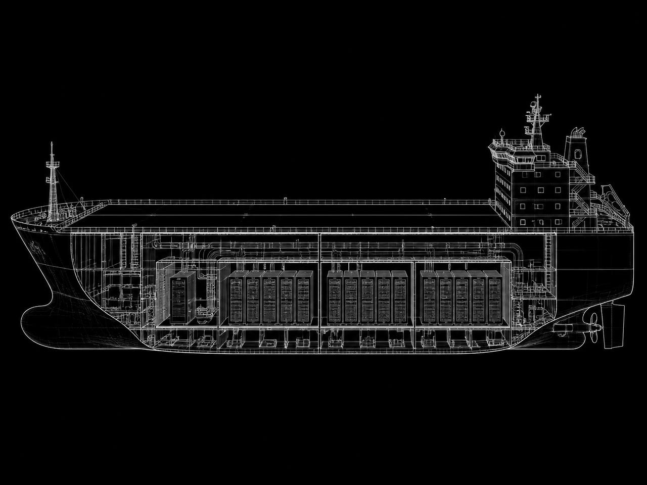 Wireframe cutaway of a converted cargo ship serving as a floating AI data center